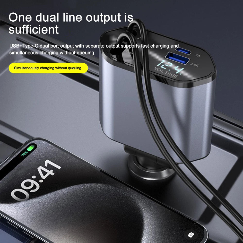 Car Charger Adaptor with Retractable Cord for iPhone 16/15/14/13/12 and Samsung devices