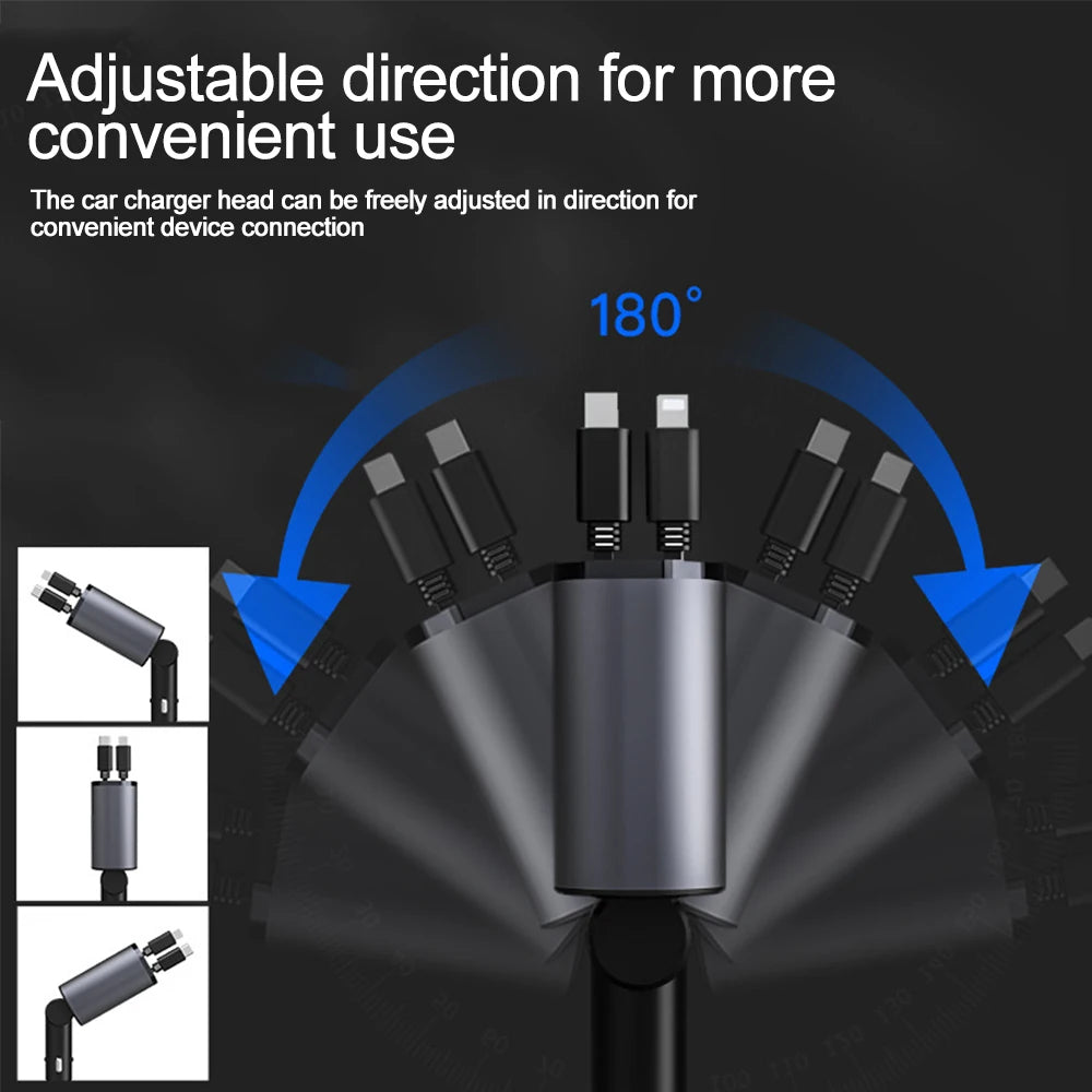Car Charger Adaptor with Retractable Cord for iPhone 16/15/14/13/12 and Samsung devices