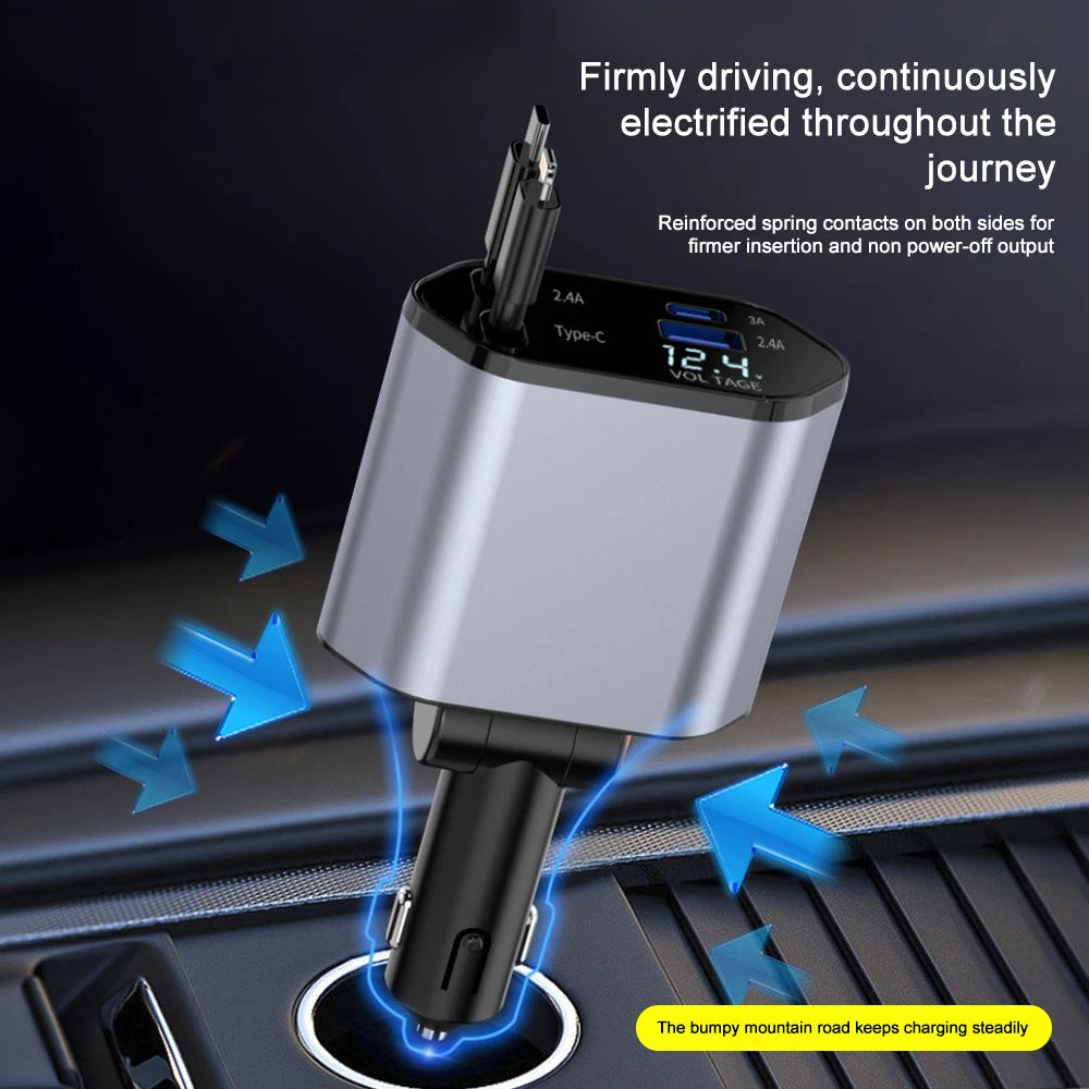 Car Charger Adaptor with Retractable Cord for iPhone 16/15/14/13/12 and Samsung devices