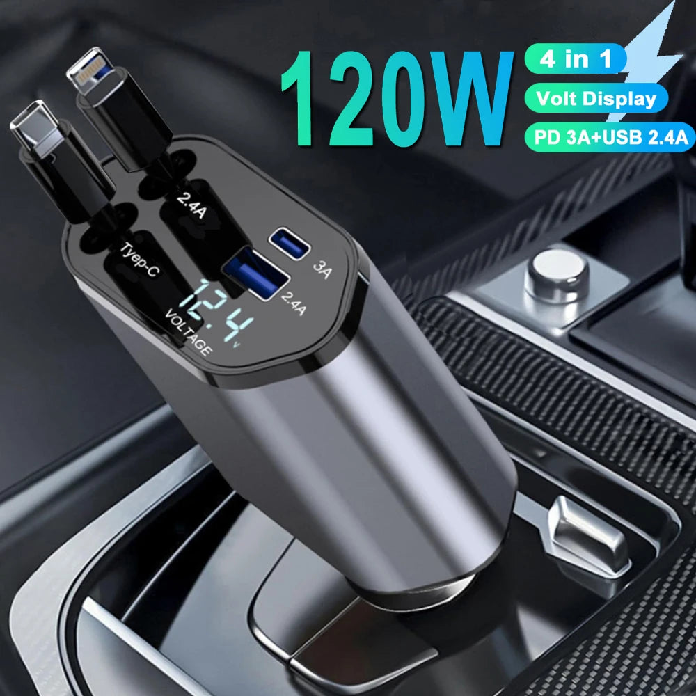 Car Charger Adaptor with Retractable Cord for iPhone 16/15/14/13/12 and Samsung devices
