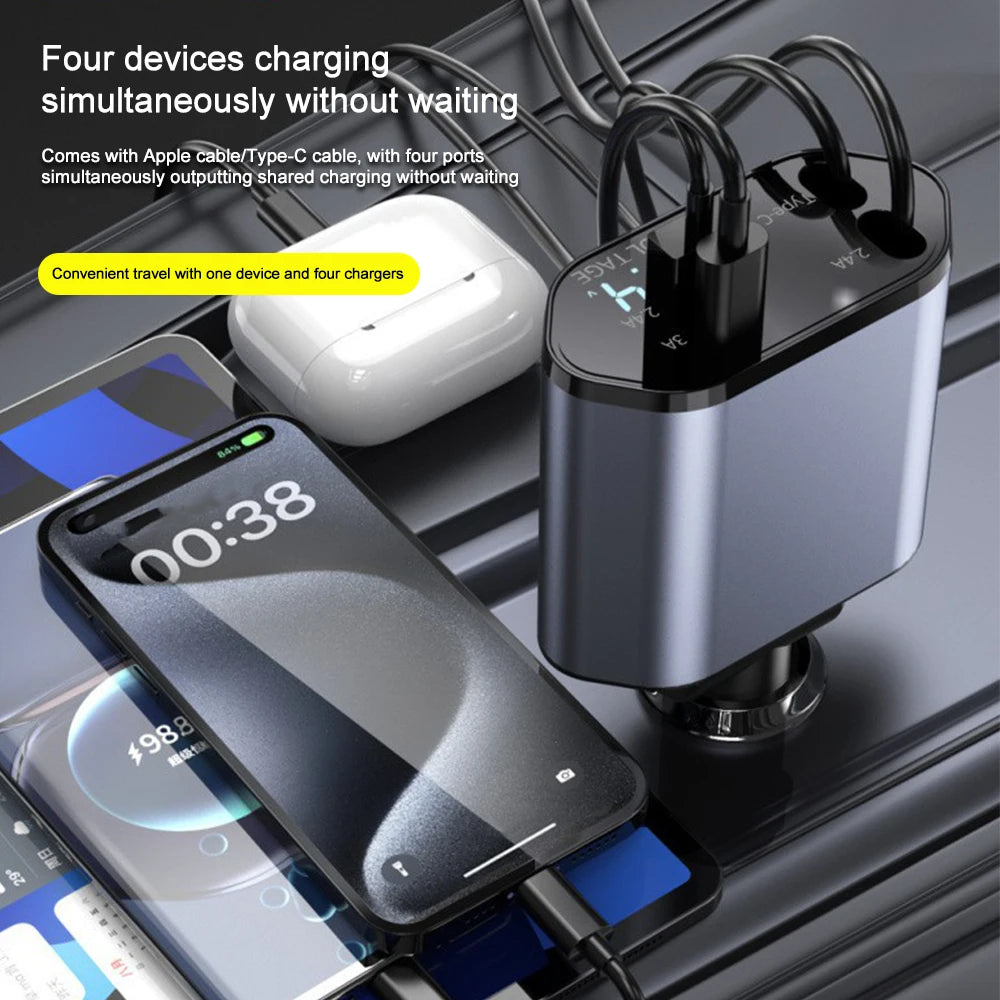 Car Charger Adaptor with Retractable Cord for iPhone 16/15/14/13/12 and Samsung devices