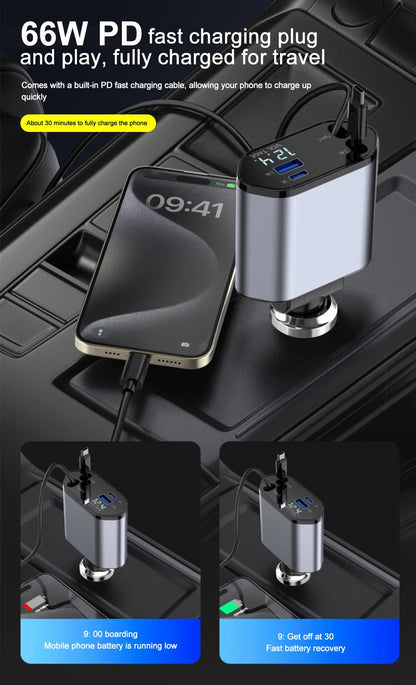 Car Charger Adaptor with Retractable Cord for iPhone 16/15/14/13/12 and Samsung devices